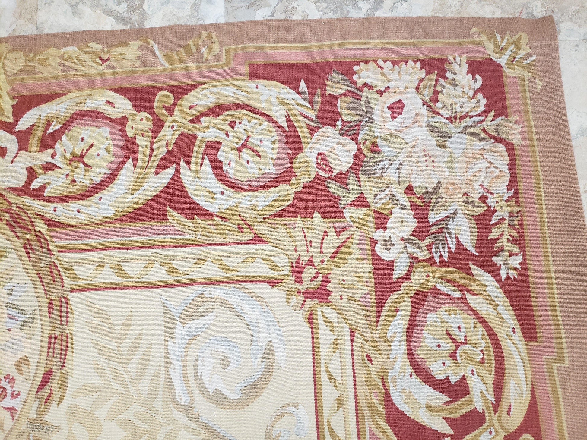 Aubusson Rug 6x9, Elegant Flatweave Rug, Aubusson Savonnerie 6 x 9 Flatweave Area Rug, Cream and Red, Wool Hand Woven Carpet, Medium Size - Nuvé
