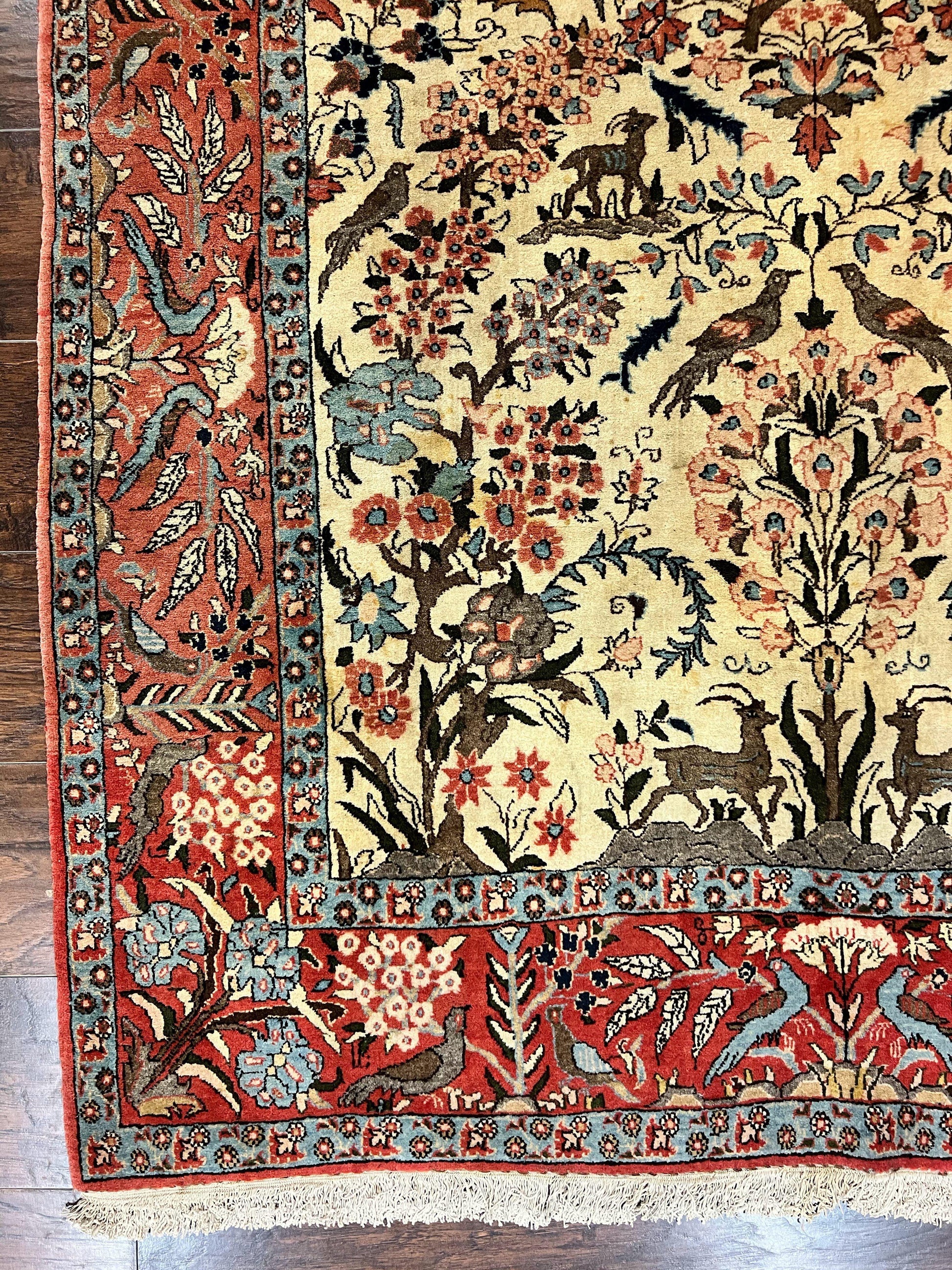 Persian Tree of Life 5x7, Qum Rug, Animal Motifs, Deer Birds, Fine 225 KPSI, Semi Antique Vintage Handmade Wool Rug, Cream Red - Nuvé
