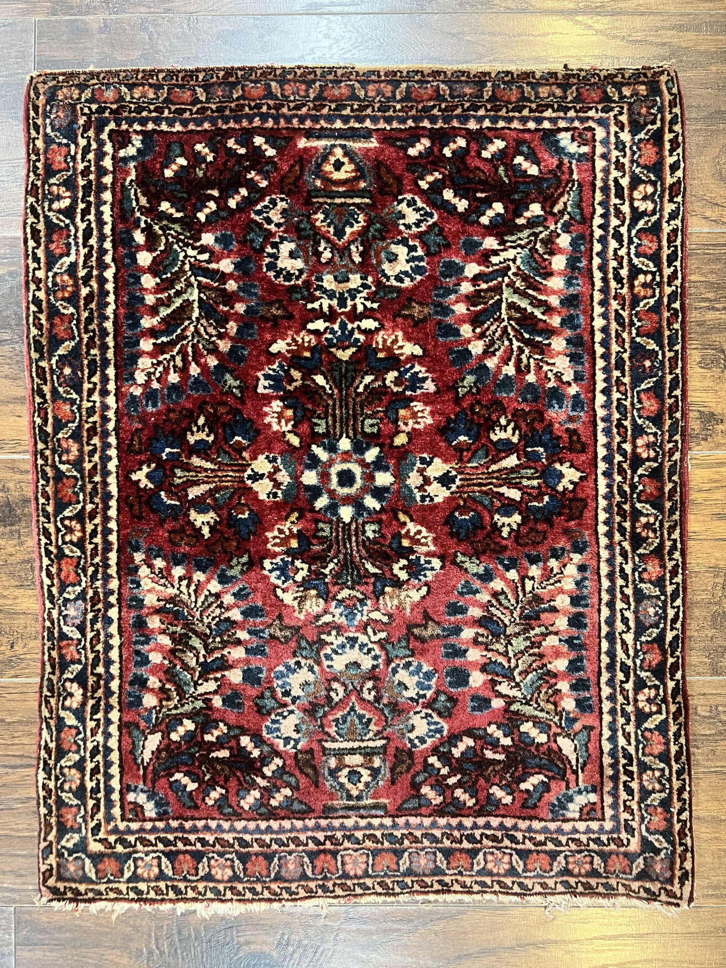 Antique Persian Sarouk Rug 2 x 2.5, Small Sarouk Carpet, Red Floral 1920s Red, Fine 170 KPSI, Wool Handmade Rug - Nuvé