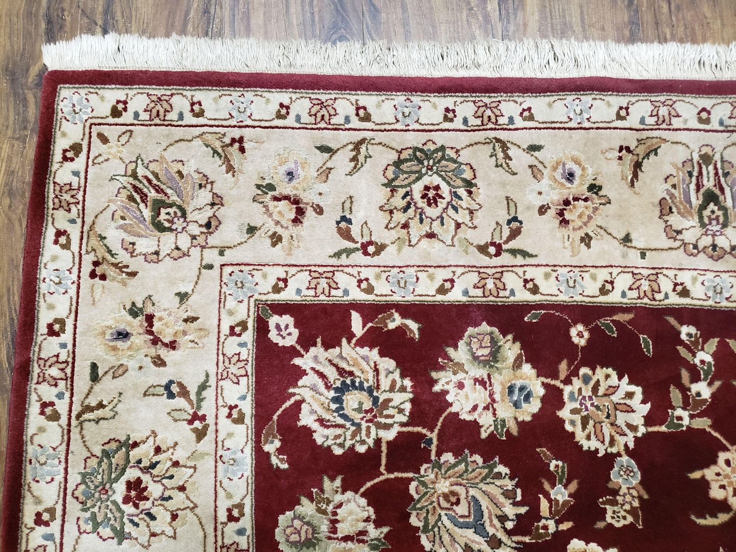 Vintage Traditional Oriental Area Rug, Hand-Knotted, Wool & Silk Accents, Maroon Red and Beige, 6x9 Carpet, 5' 9" x 9' - Nuvé