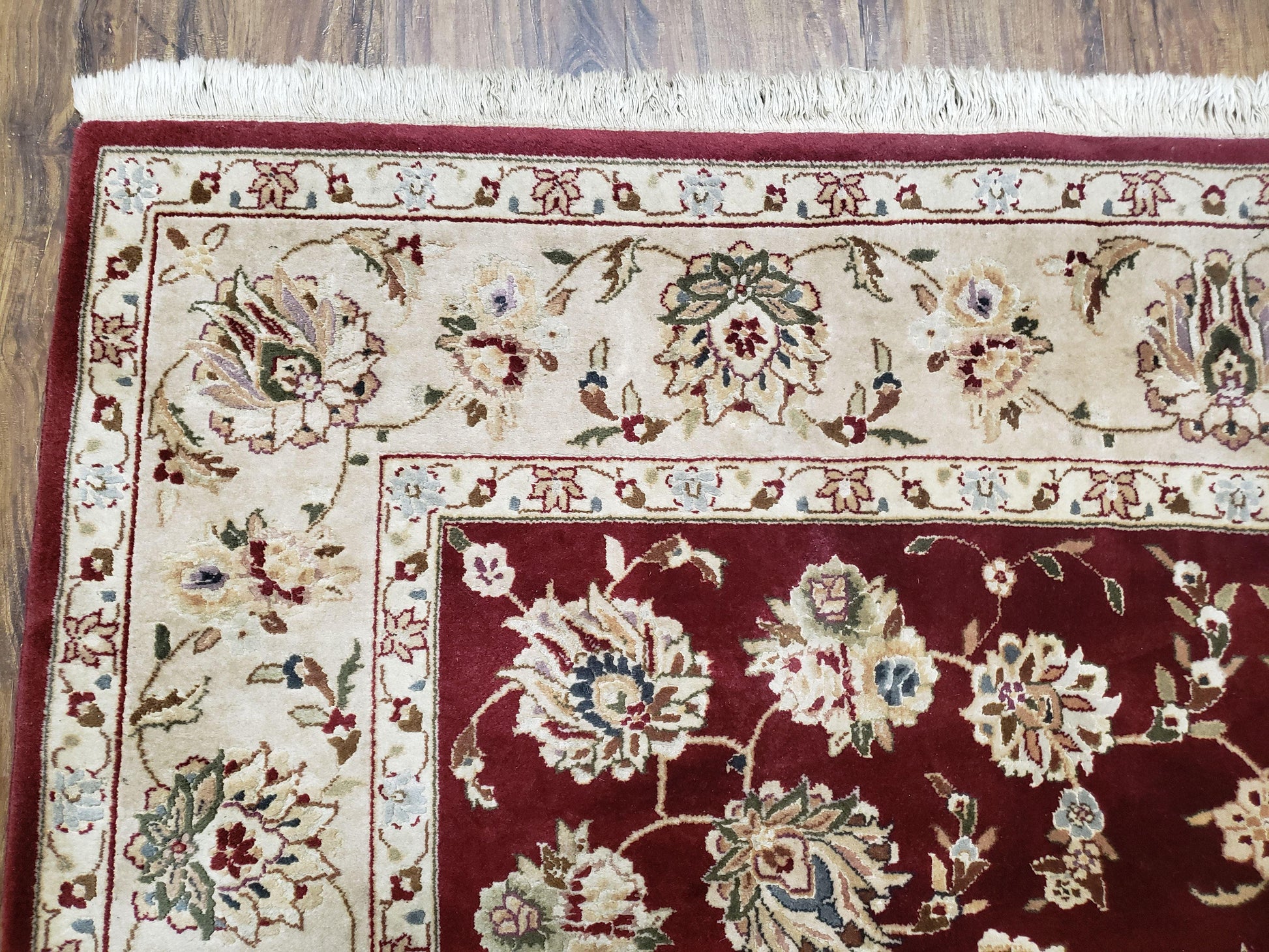 Vintage Traditional Oriental Area Rug, Hand-Knotted, Wool & Silk Accents, Maroon Red and Beige, 6x9 Carpet, 5' 9" x 9' - Nuvé