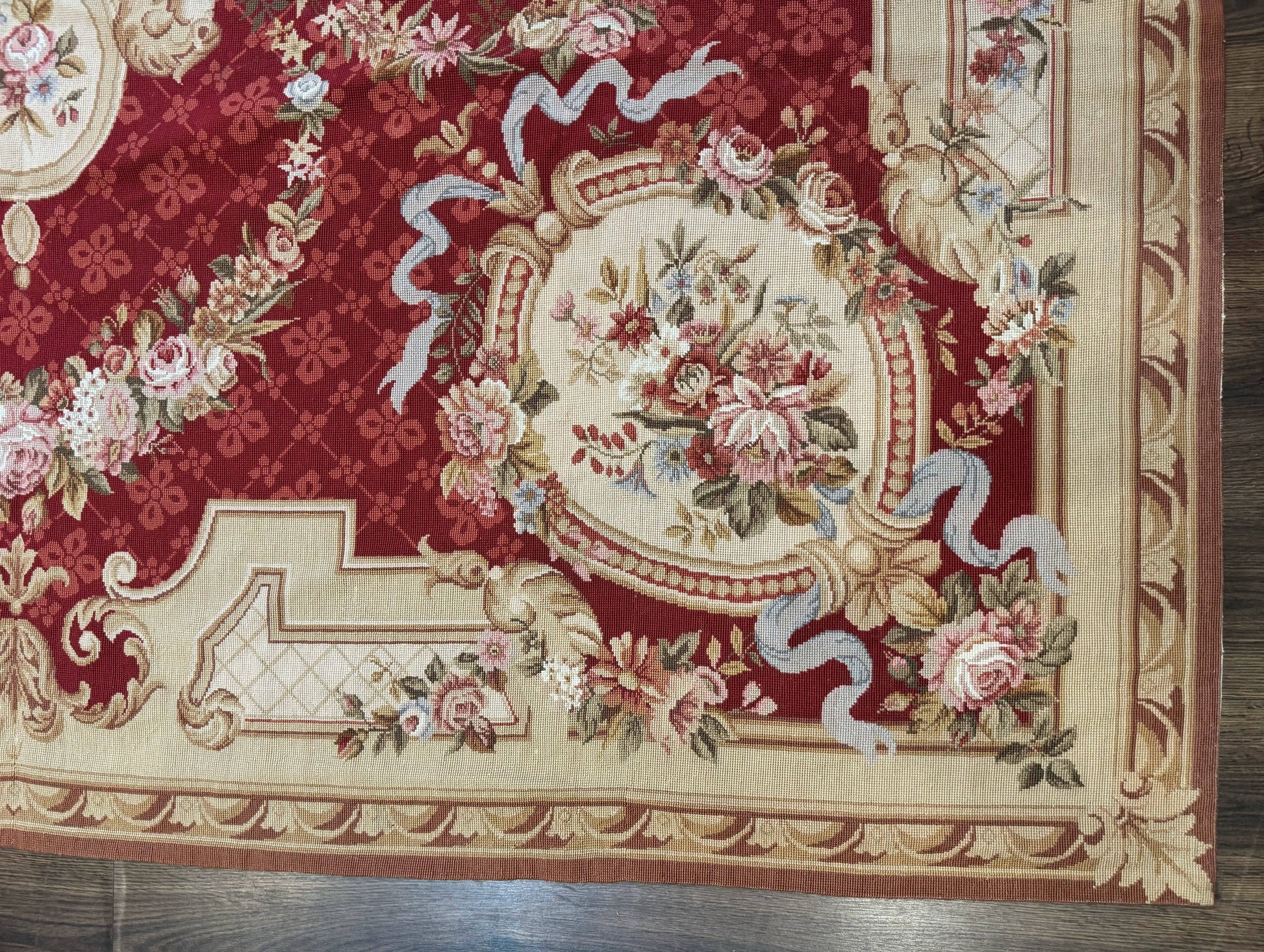 Aubusson Rug 8x11, Needlepoint Carpet, Red Ivory Beige, Vintage, French European Design - Nuvé