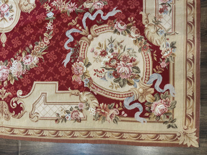 Aubusson Rug 8x11, Needlepoint Carpet, Red Ivory Beige, Vintage, French European Design - Nuvé