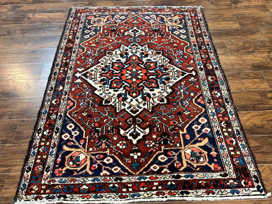 Persian Bakhtiari Rug 5 x 6.6, Tribal Geometric Carpet, Red Ivory, Handmade Wool Medium Sized Oriental Rug, Semi Antique Vintage - Nuvé