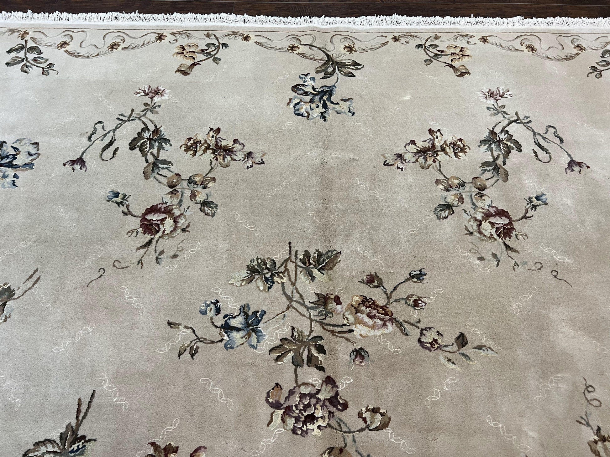 Chinese 120 Line Rug 8x10, Chinese Aubusson Wool & Silk Highlights Handmade Vintage Carpet, Beige Fine Weave Rug, Floral European Design - Nuvé