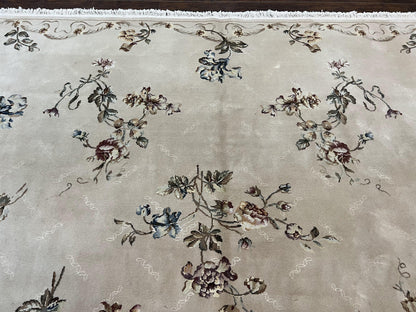 Chinese 120 Line Rug 8x10, Chinese Aubusson Wool & Silk Highlights Handmade Vintage Carpet, Beige Fine Weave Rug, Floral European Design - Nuvé