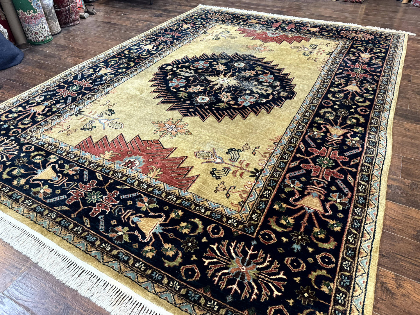 Indo Persian Heriz Rug 8x12, Camel Hair Tan and Navy Blue, Decorative - Nuvé