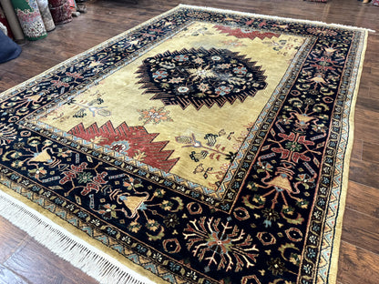 Indo Persian Heriz Rug 8x12, Camel Hair Tan and Navy Blue, Decorative - Nuvé