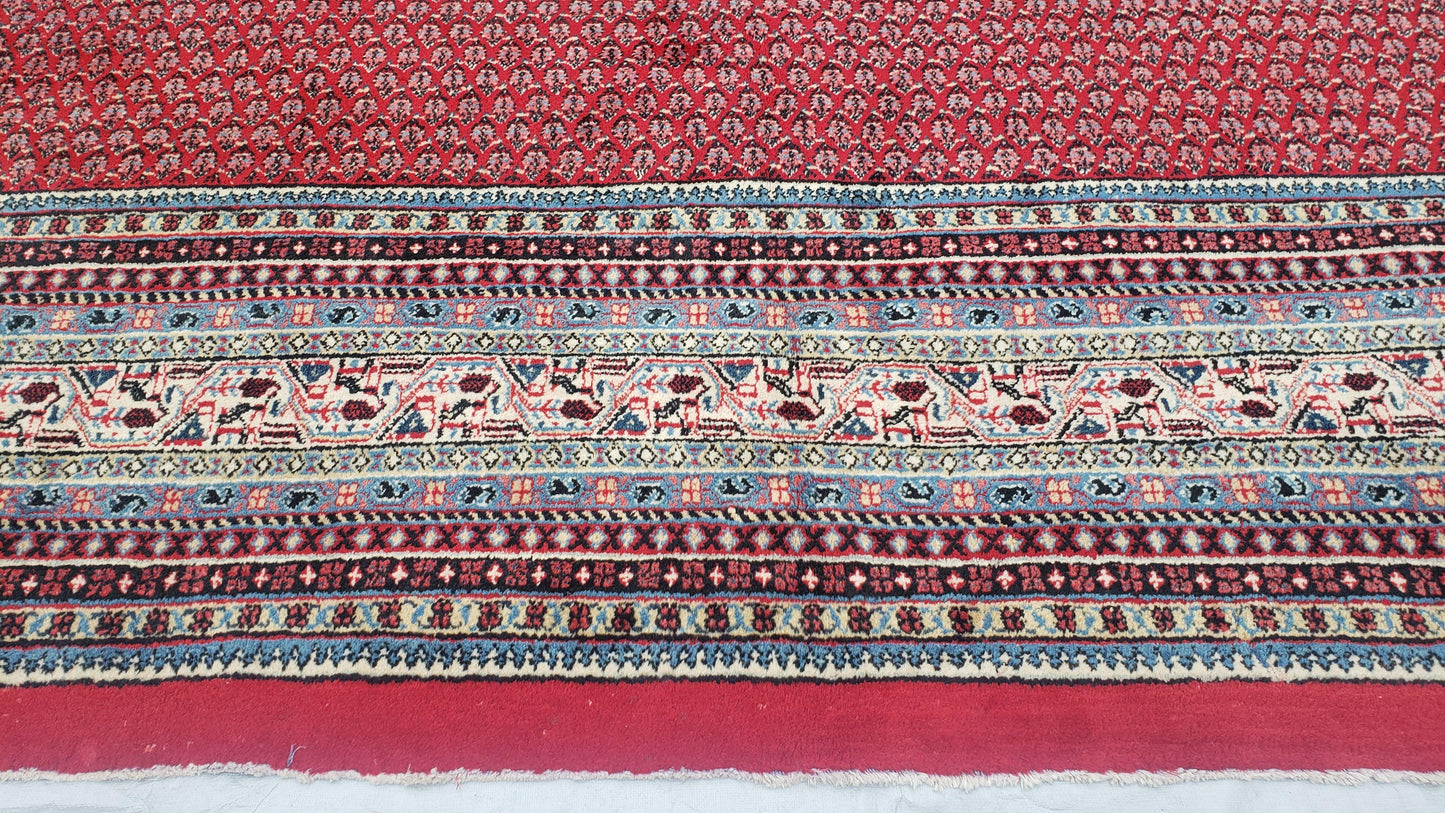 Persian Sarouk Mir Pattern, Red and Beige, Hand-Knotted, Wool, Paisley Boteh Design, 9'9" x 13', Semi Antique - Nuvé
