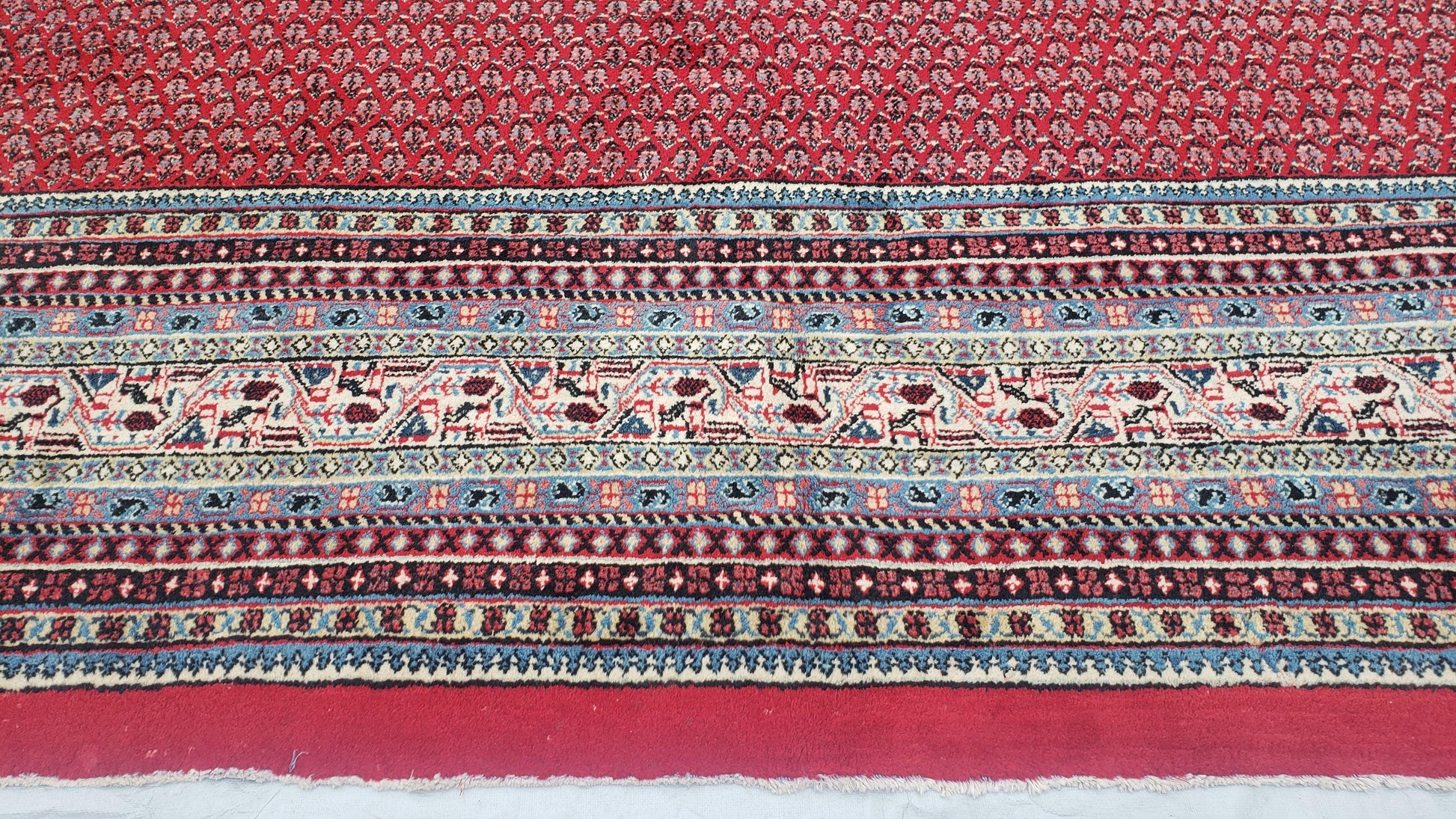 Persian Sarouk Mir Pattern, Red and Beige, Hand-Knotted, Wool, Paisley Boteh Design, 9'9" x 13', Semi Antique - Nuvé