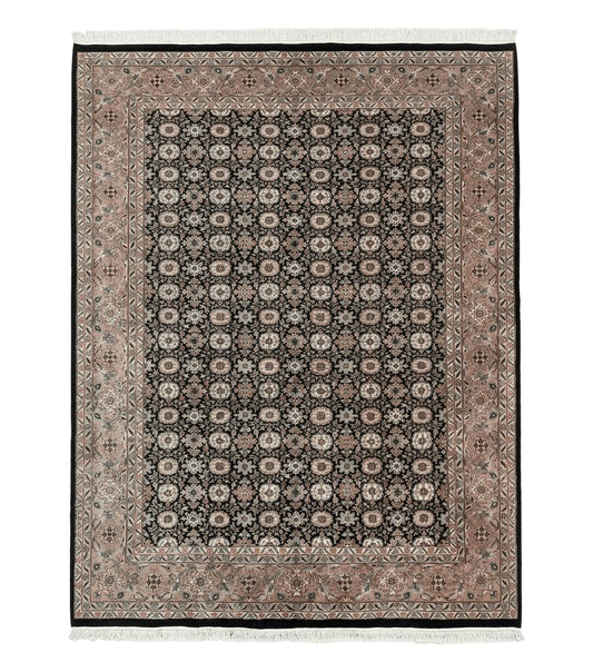 Indo Persian Rug 9x12, Vintage Handmade Wool Carpet, Repeated Allover Motif, Navy Blue and Pink