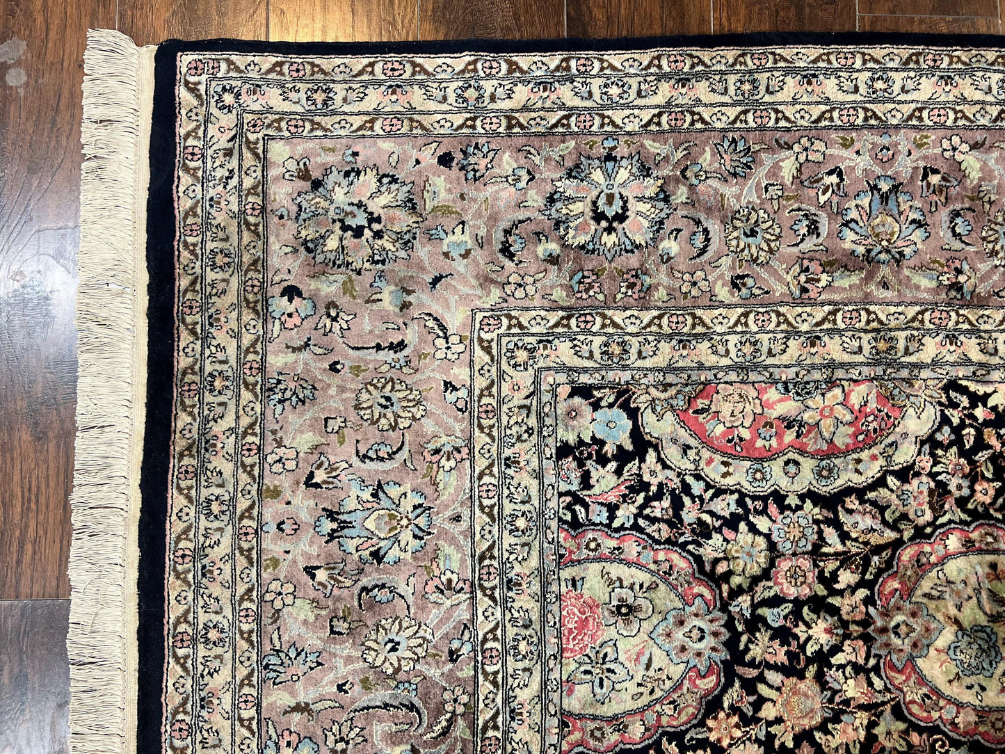 Sino Persian Rug 9x12, Navy Blue and Pink Hand Knotted Wool and Silk Highlights Vintage Oriental Carpet, Handmade Floral Area Rug 9 x 12 ft - Nuvé