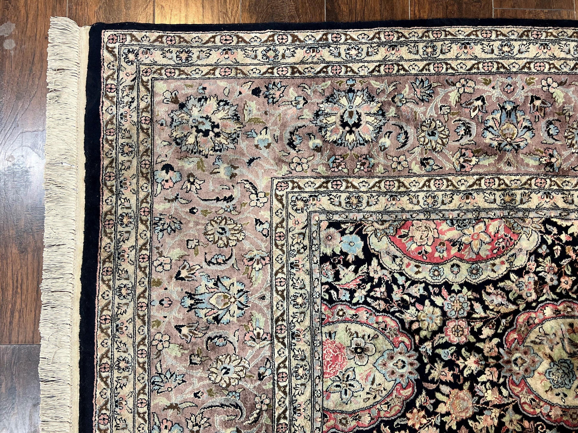 Sino Persian Rug 9x12, Navy Blue and Pink Hand Knotted Wool and Silk Highlights Vintage Oriental Carpet, Handmade Floral Area Rug 9 x 12 ft - Nuvé