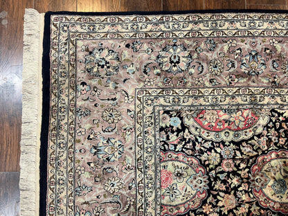 Sino Persian Rug 9x12, Navy Blue and Pink Hand Knotted Wool and Silk Highlights Vintage Oriental Carpet, Handmade Floral Area Rug 9 x 12 ft - Nuvé
