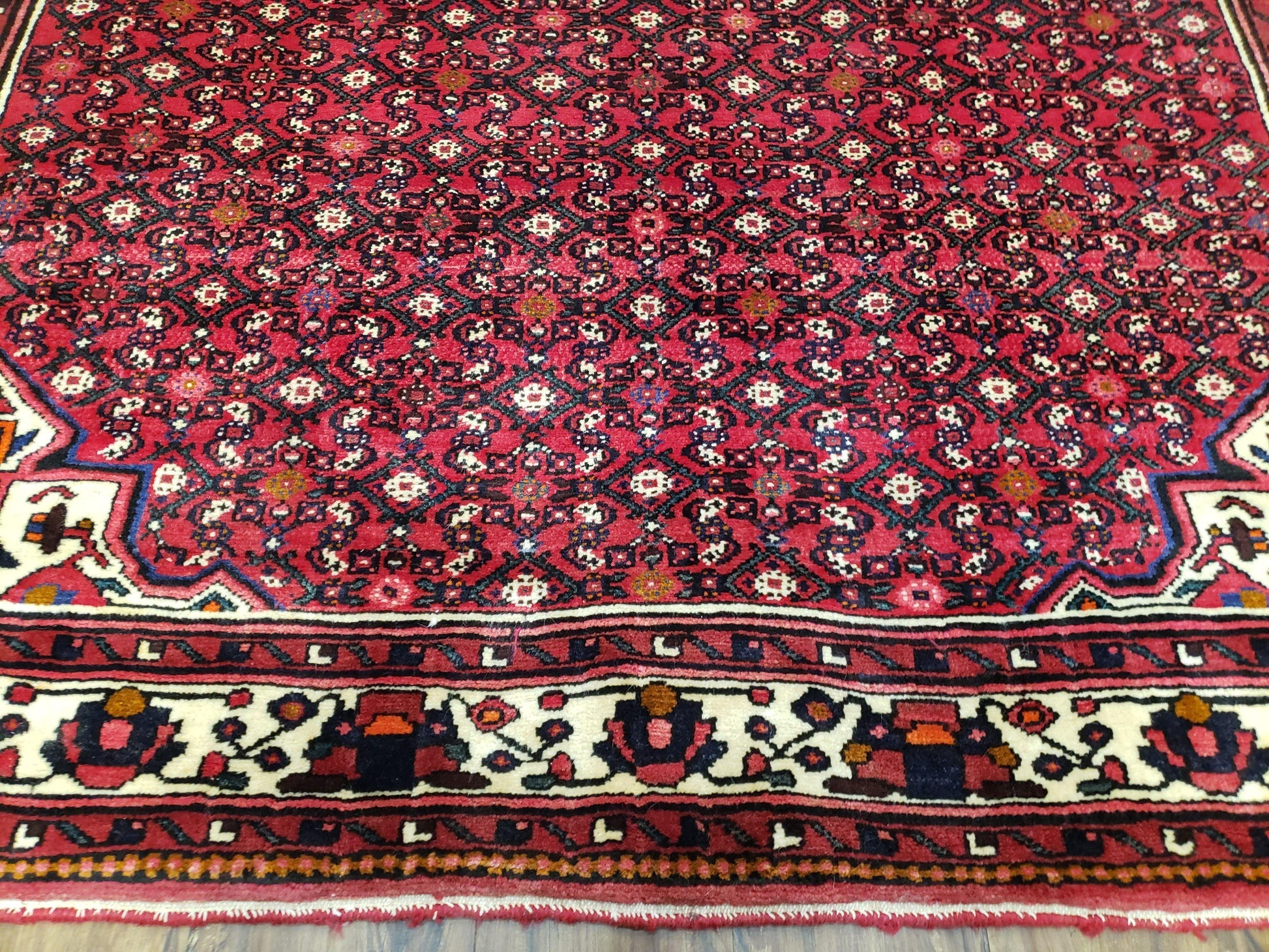 Vintage Persian Hamedan Rug 7x10, Angelas Mahi Pattern, Red, Wool, Hand-Knotted - Nuvé