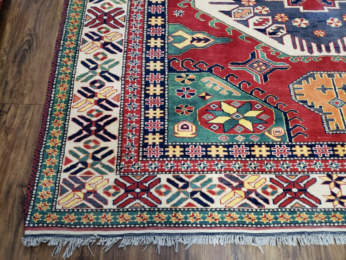 Vintage Turkish Kazak Area Rug, 6ft Square Rug, 6x6 Square Oriental Carpet, Hand-Knotted, Wool, Bold Colors, Red Blue Green, Geometric Rug - Nuvé