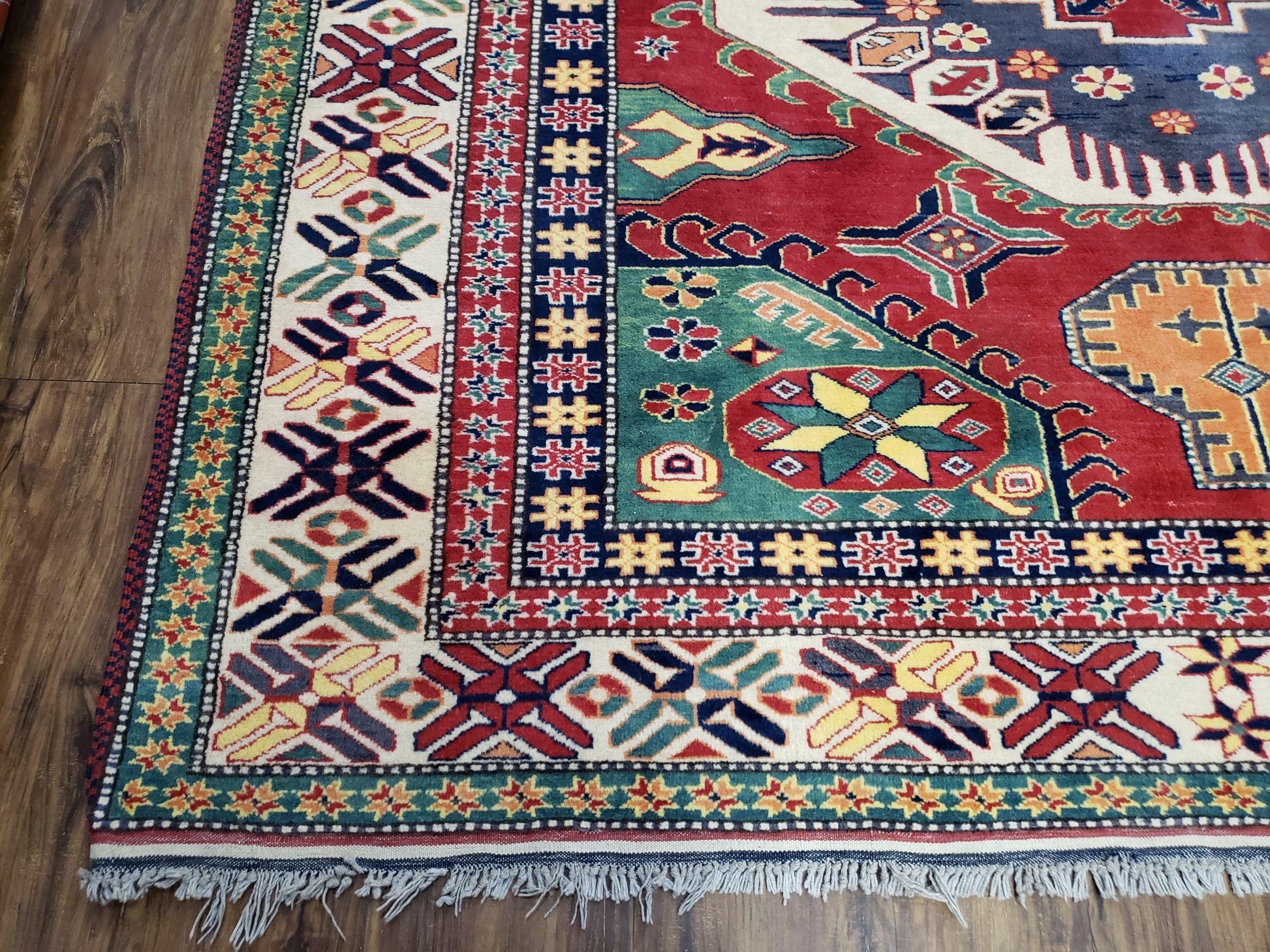 Vintage Turkish Kazak Area Rug, 6ft Square Rug, 6x6 Square Oriental Carpet, Hand-Knotted, Wool, Bold Colors, Red Blue Green, Geometric Rug - Nuvé