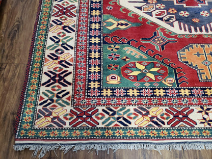 Vintage Turkish Kazak Area Rug, 6ft Square Rug, 6x6 Square Oriental Carpet, Hand-Knotted, Wool, Bold Colors, Red Blue Green, Geometric Rug - Nuvé