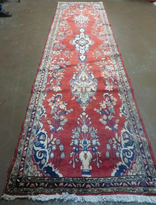 Persian Runner Rug 3 x 12, Antique Wool Oriental Runner, Floral Vases, Red & Navy Blue - Nuvé