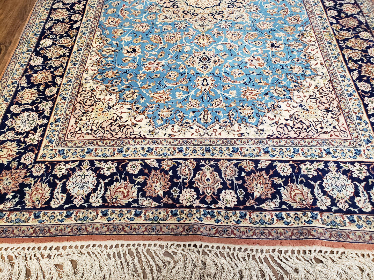 Persian Isfahan Rug, Kork Wool on Silk Foundation, Sky Blue, Hand-Knotted, 5' 1" x 7' 8" - Nuvé