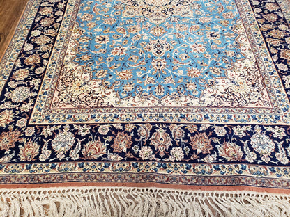 Persian Isfahan Rug, Kork Wool on Silk Foundation, Sky Blue, Hand-Knotted, 5' 1" x 7' 8" - Nuvé