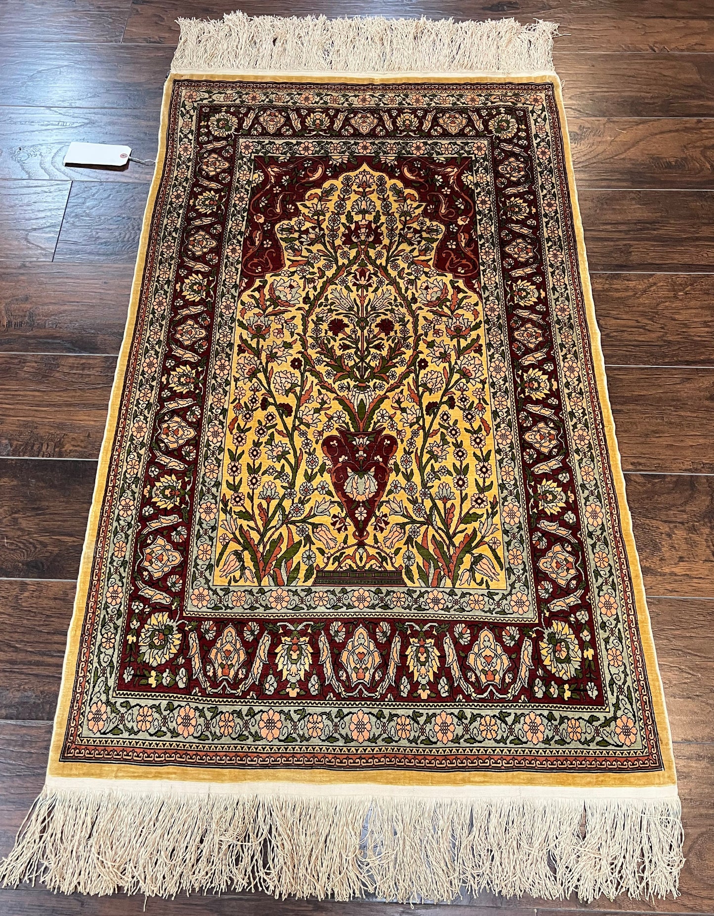 Wonderful Silk Turkish Hereke Prayer Rug 2.8 x 4.5, Tree of Life Design, Signature from Master Weaver, Gold and Burgundy, Handmade, 625 KPSI - Nuvé