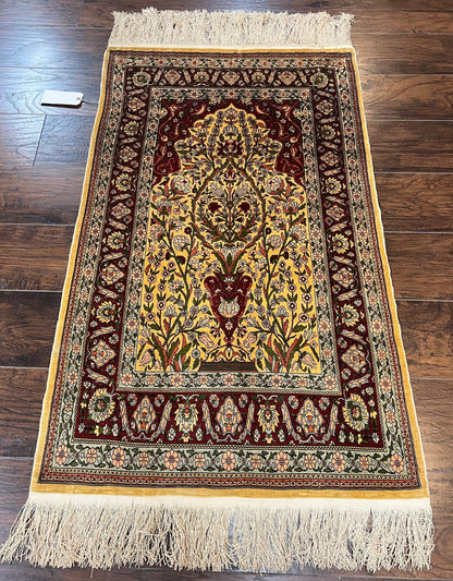 Wonderful Silk Turkish Hereke Prayer Rug 2.8 x 4.5, Tree of Life Design, Signature from Master Weaver, Gold and Burgundy, Handmade, 625 KPSI - Nuvé