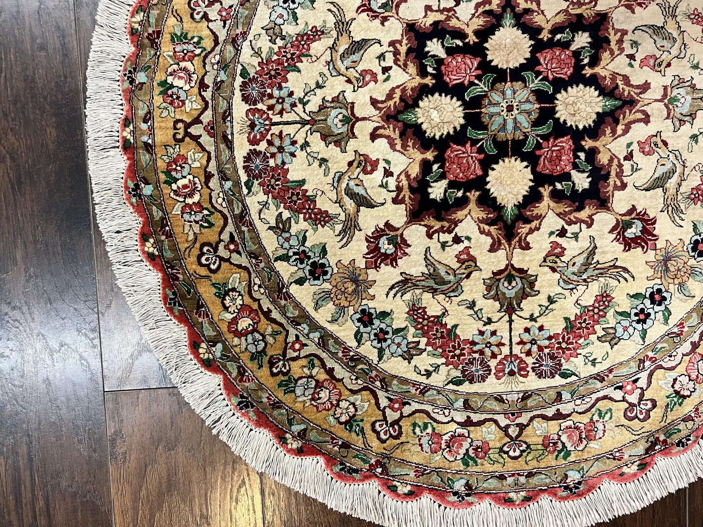 Silk Persian Tabriz Round Rug 3x3 ft, Very Fine Hand Knotted Carpet 380 KPSI, Cream & Gold, Bird Pictorials, Floral, Rare - Nuvé