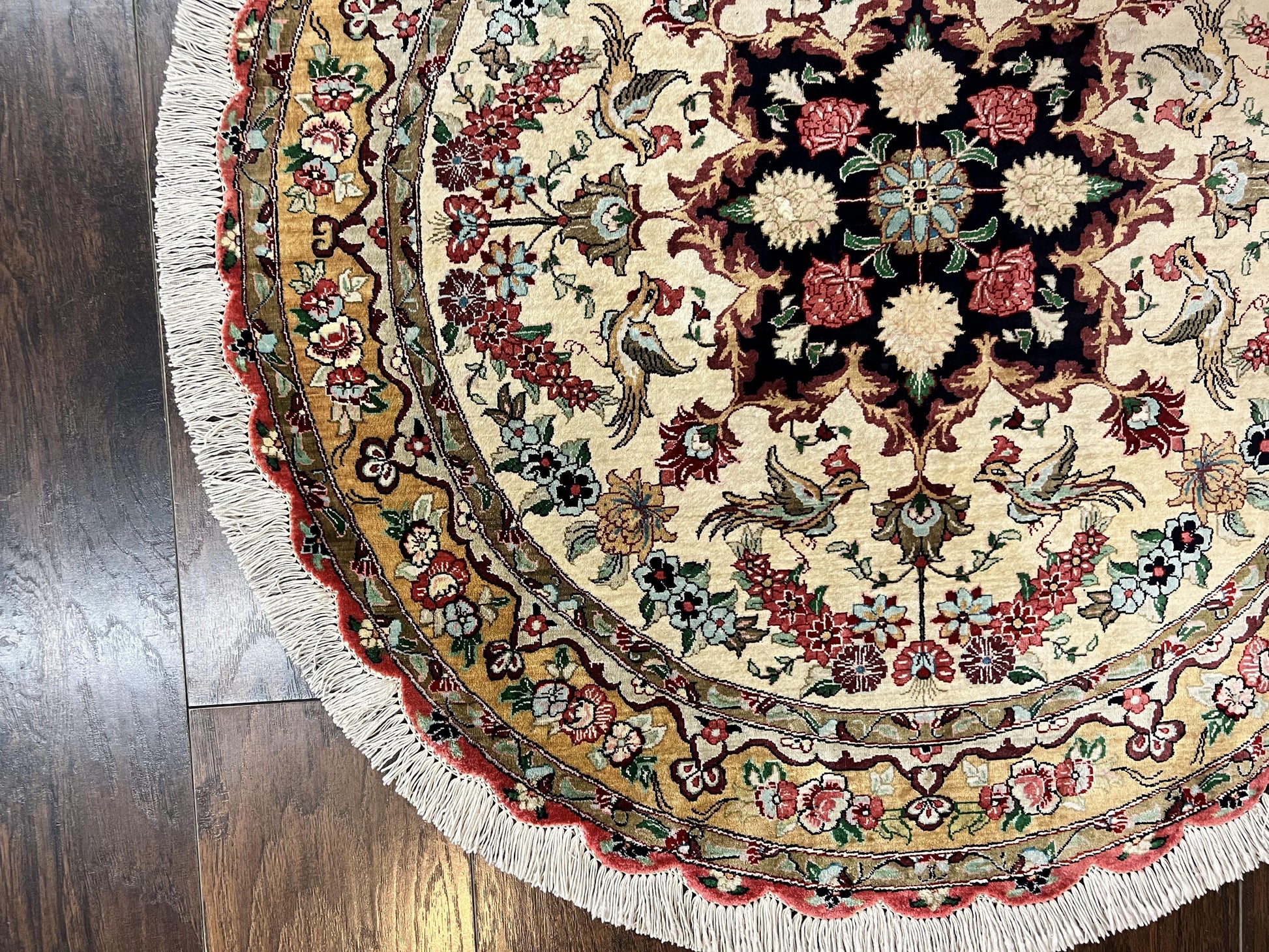 Silk Persian Tabriz Round Rug 3x3 ft, Very Fine Hand Knotted Carpet 380 KPSI, Cream & Gold, Bird Pictorials, Floral, Rare - Nuvé