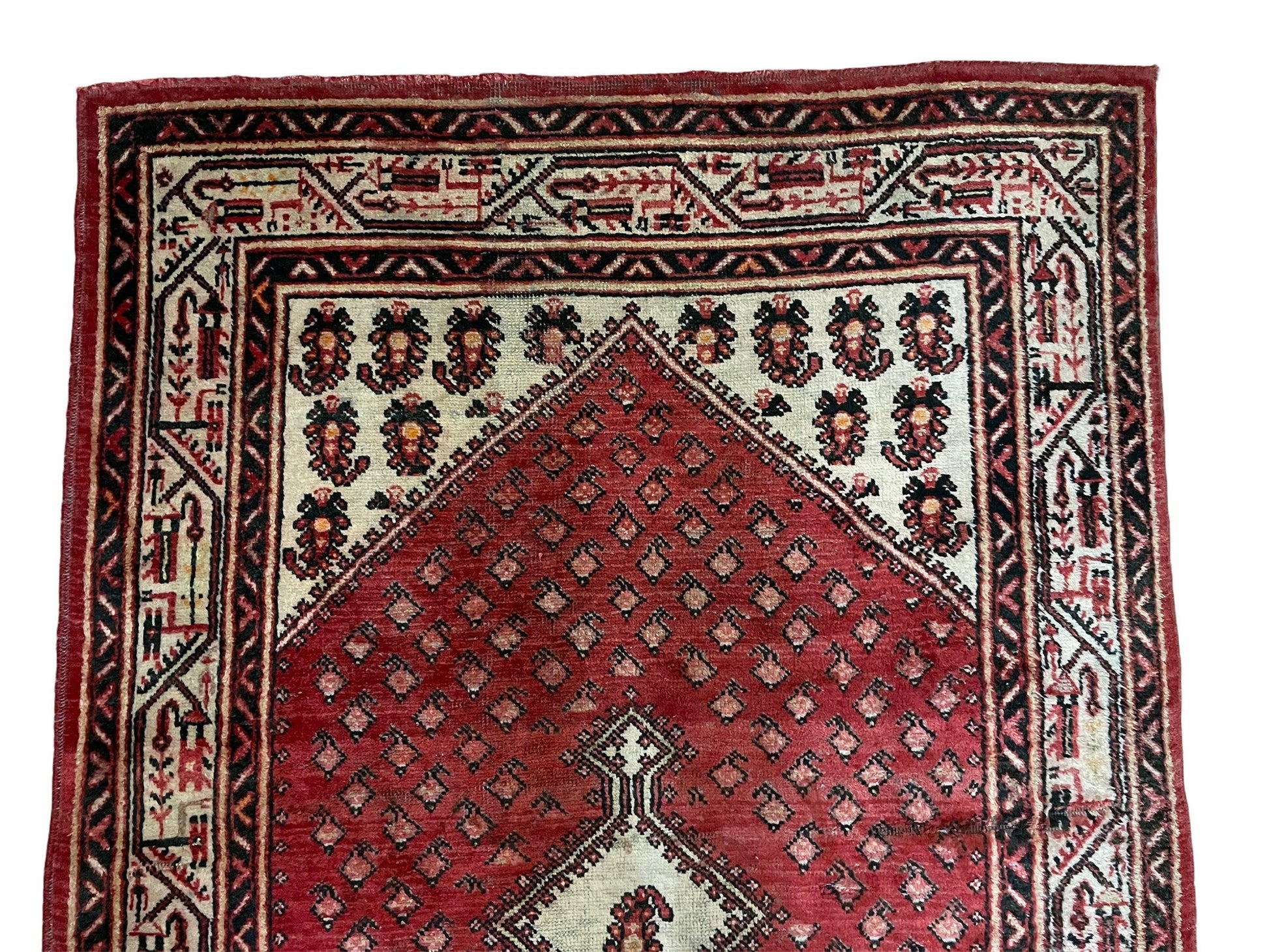 4 X 6.5 Antique Handmade Wool Rug Paisley Boteh Design Tribal Rug Red Ivory - Nuvé