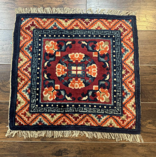 Small Antique Chinese Square Rug 2x3, Tibetan Rug, Red Orange Blue, 1920s Rug - Nuvé