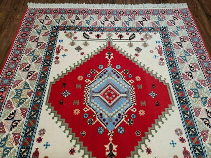Vintage Moroccan Carpet 5x7 Area Rug, Berber Rug, Handmade Soft Wool Rug, Red Ivory and Blue, Geometric Medallion Rug, Bohemian Rug, Nice - Nuvé
