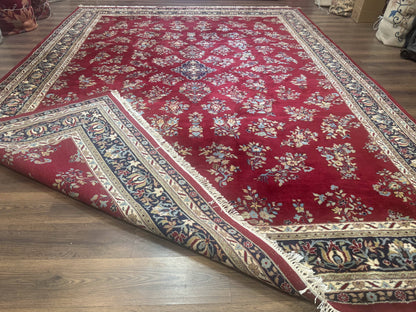 Indo Persian Sarouk Rug 10x14, Large Red and Navy Blue Carpet, Traditional Floral Wool Rug - Nuvé
