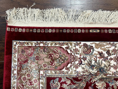 Dark Red Turkish Silk Rug 2.6 x 4, Hunting Design Scene, Bamboo Silk - Nuvé