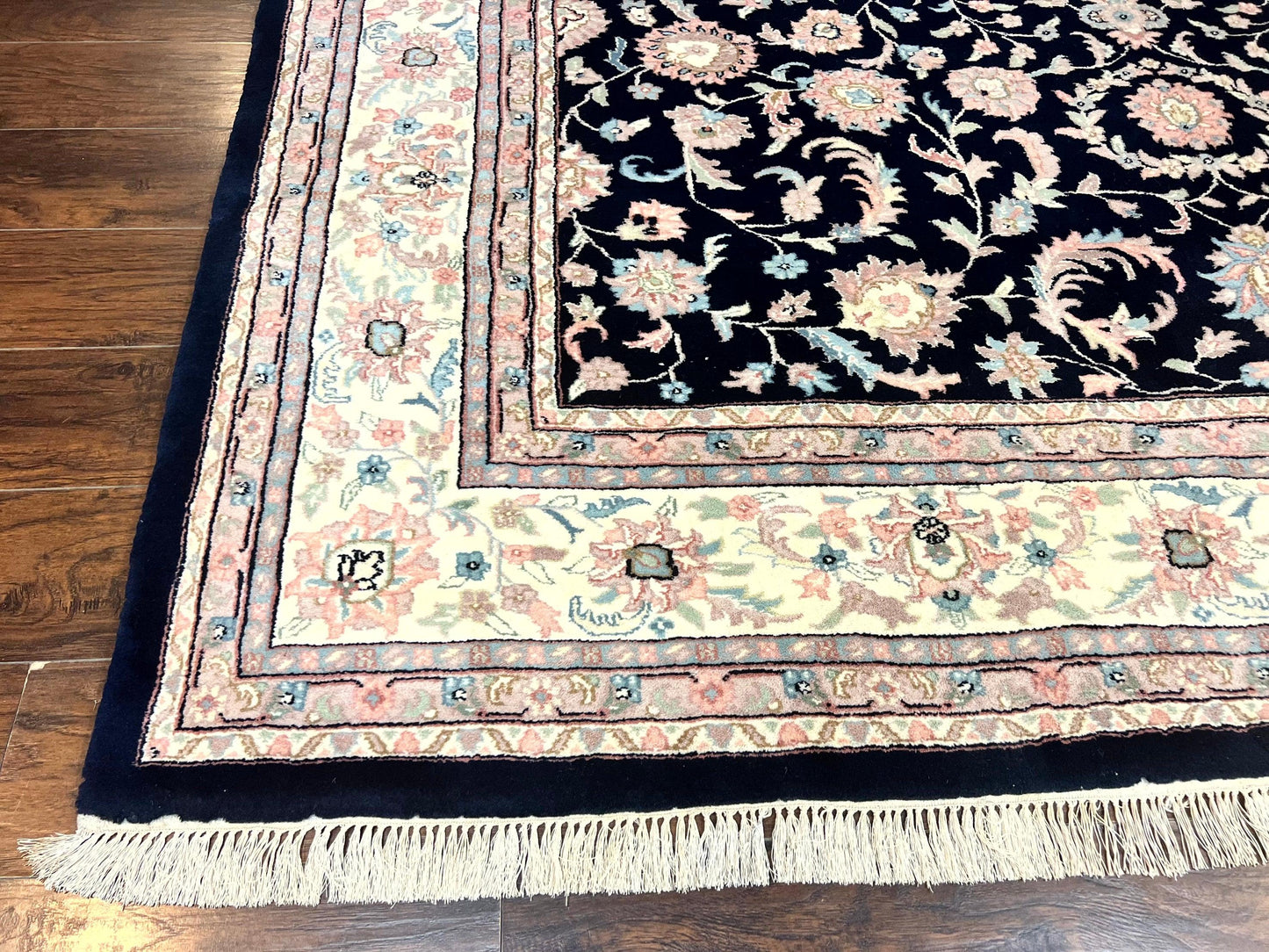Indo Persian Rug 9x12, Navy Blue and Ivory/Cream, Floral Allover, Wool Vintage Handmade Carpet - Nuvé