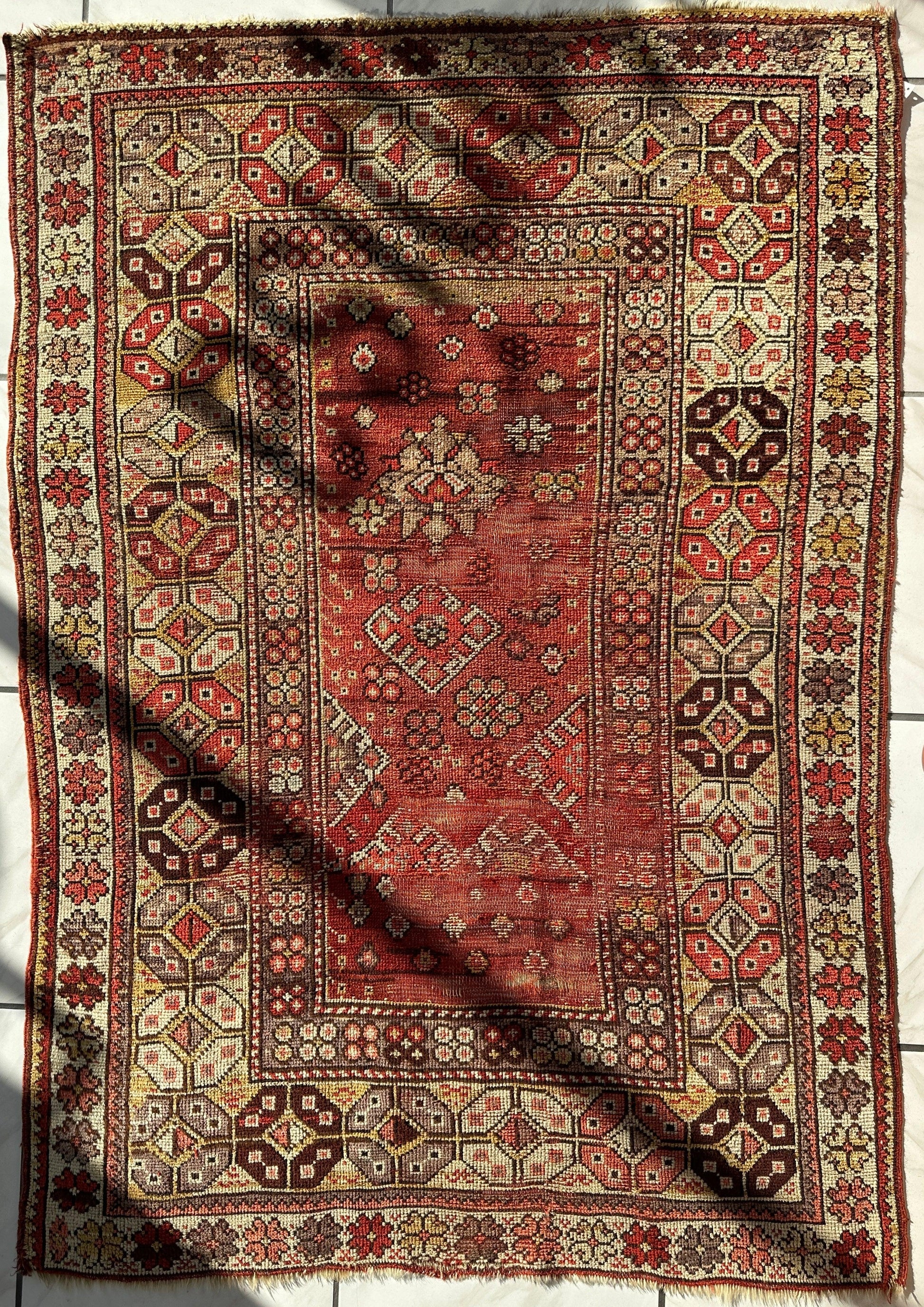 Antique Turkish Wool Distressed Prayer Rug 4’3” x 5’11” - Nuvé