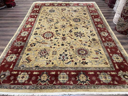 Indo Persian Mahal Rug 8x12, Wool Hand Knotted Oriental Carpet, Light Gold and Burgundy, Floral Allover, Vintage Room Sized Area Rug 8 x 12 - Nuvé