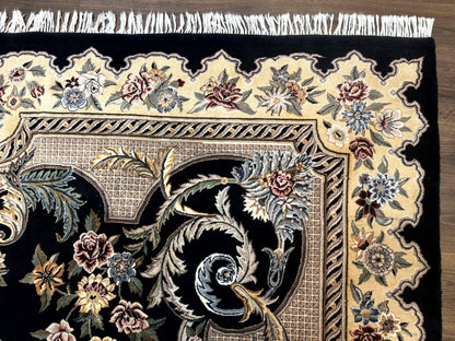 Aubusson Rug 9x12, Black and Beige, Floral, Elegant Handmade French European Design Carpet - Nuvé