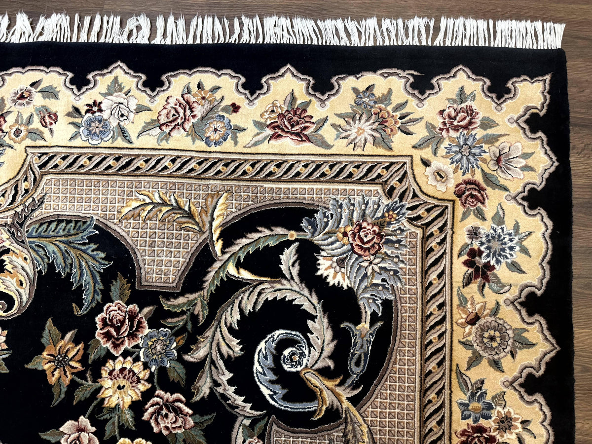 Aubusson Rug 9x12, Black and Beige, Floral, Elegant Handmade French European Design Carpet