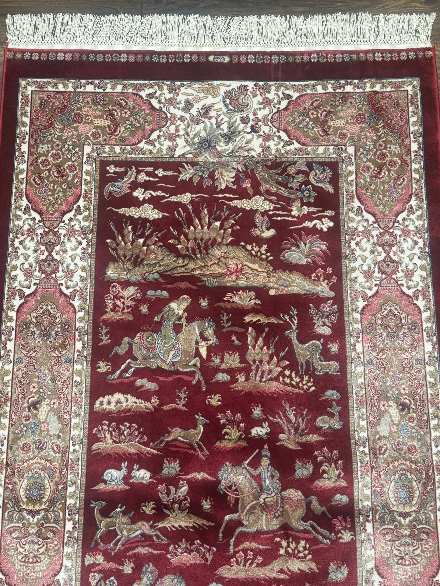Turkish Silk Rug 3x5, Hunting Design, Dark Red & Ivory, Bamboo Silk, New - Nuvé