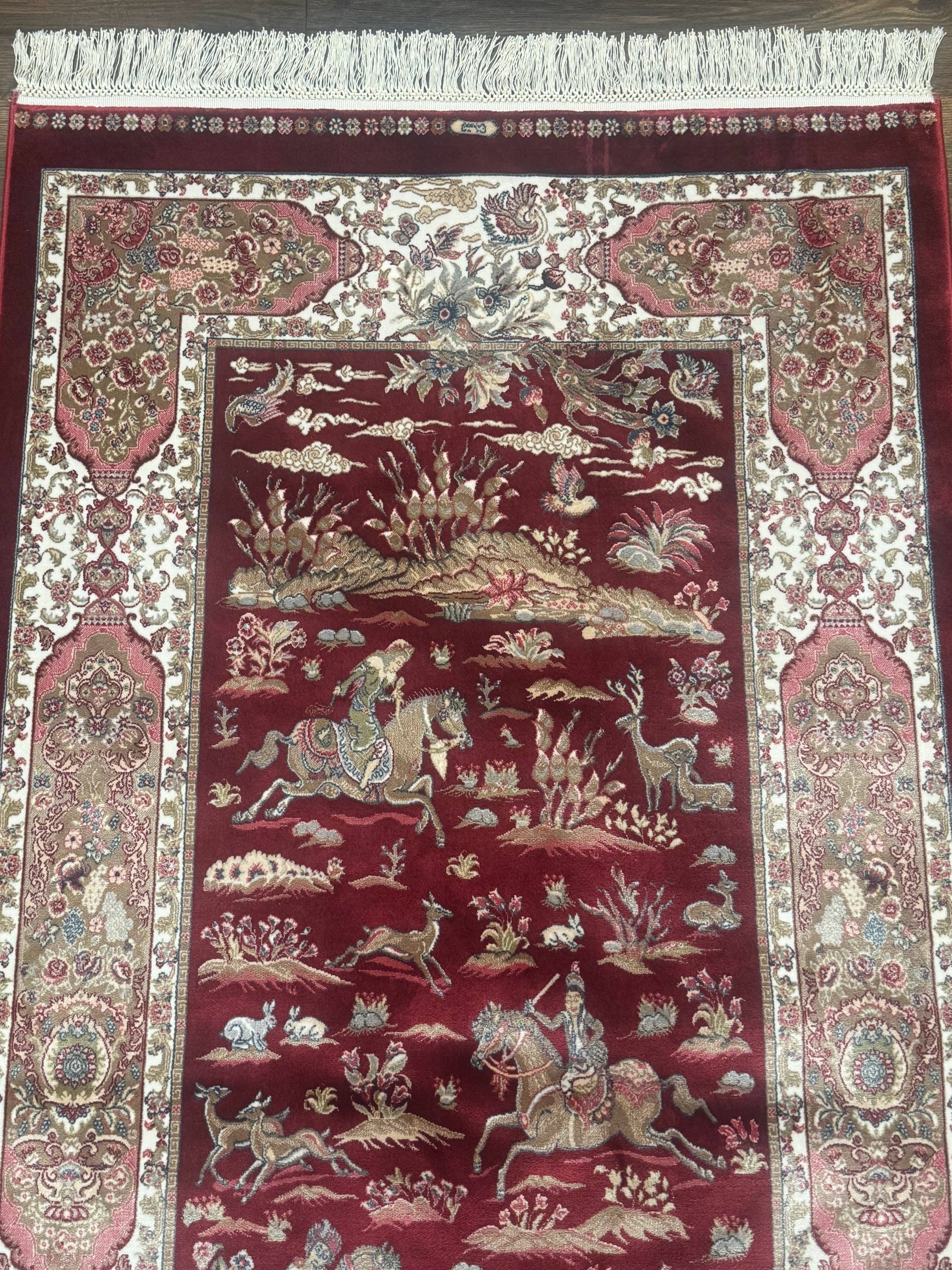 Turkish Silk Rug 3x5, Hunting Design, Dark Red & Ivory, Bamboo Silk, New - Nuvé