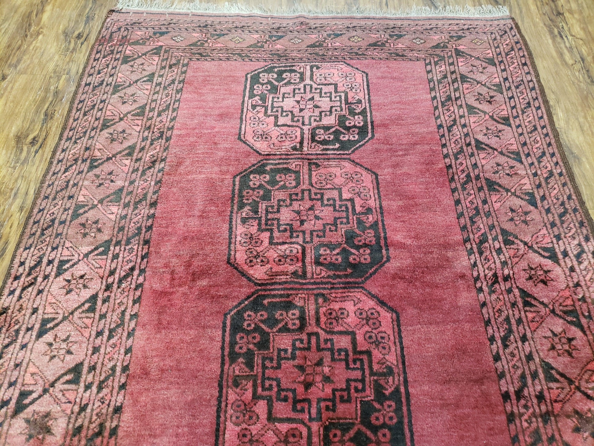 Antique Bukhara Area Rug, Vintage Afghan Bokhara Bashir Rug, 4x6 Hand-Knotted Oriental Carpet, Red & Black Wool Rug, 4' x 5'9 - Nuvé