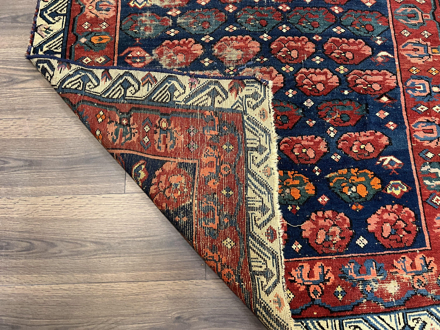 Antique Seychour Rug 4x7, Collectible Kuba Caucasian Carpet, Wool Handmade, Red Navy Blue Cream, Repeated Allover Motif, Early 20th Century - Nuvé