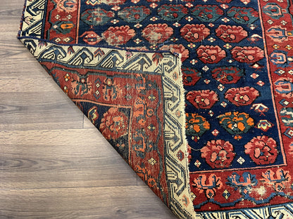 Antique Seychour Rug 4x7, Collectible Kuba Caucasian Carpet, Wool Handmade, Red Navy Blue Cream, Repeated Allover Motif, Early 20th Century - Nuvé