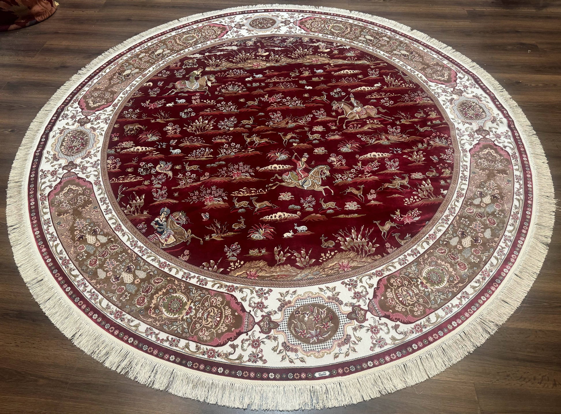 Large Round Turkish Silk Rug 8x8, Hunting Design, Dark Red & Ivory, Bamboo Silk - Nuvé