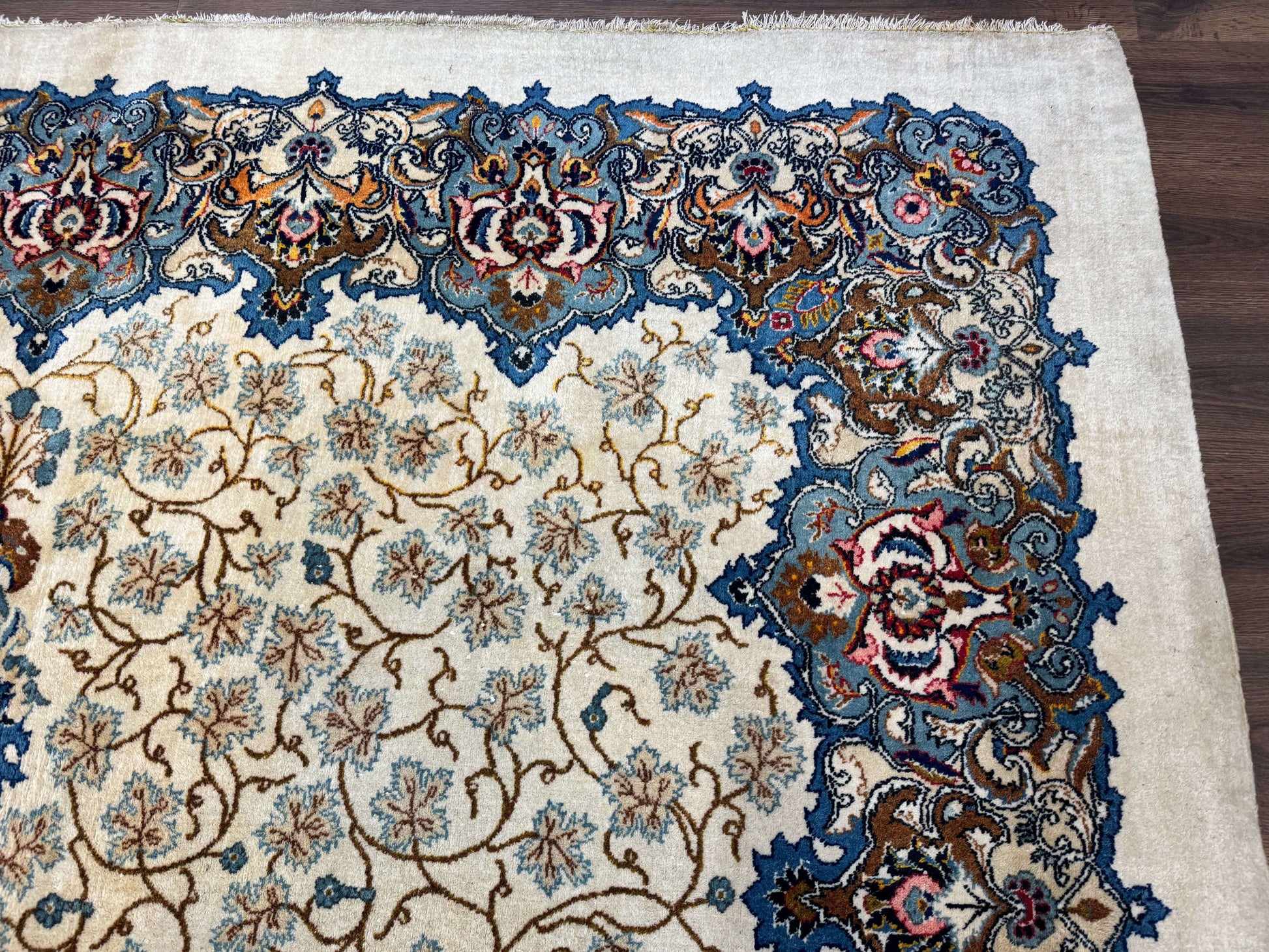 Persian Kashan Rug 9 x 12.6, Ivory and Blue, Floral Medallion, Wool Hand Knotted Semi Antique Carpet - Nuvé