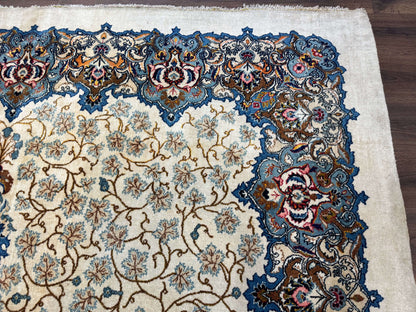 Persian Kashan Rug 9 x 12.6, Ivory and Blue, Floral Medallion, Wool Hand Knotted Semi Antique Carpet - Nuvé