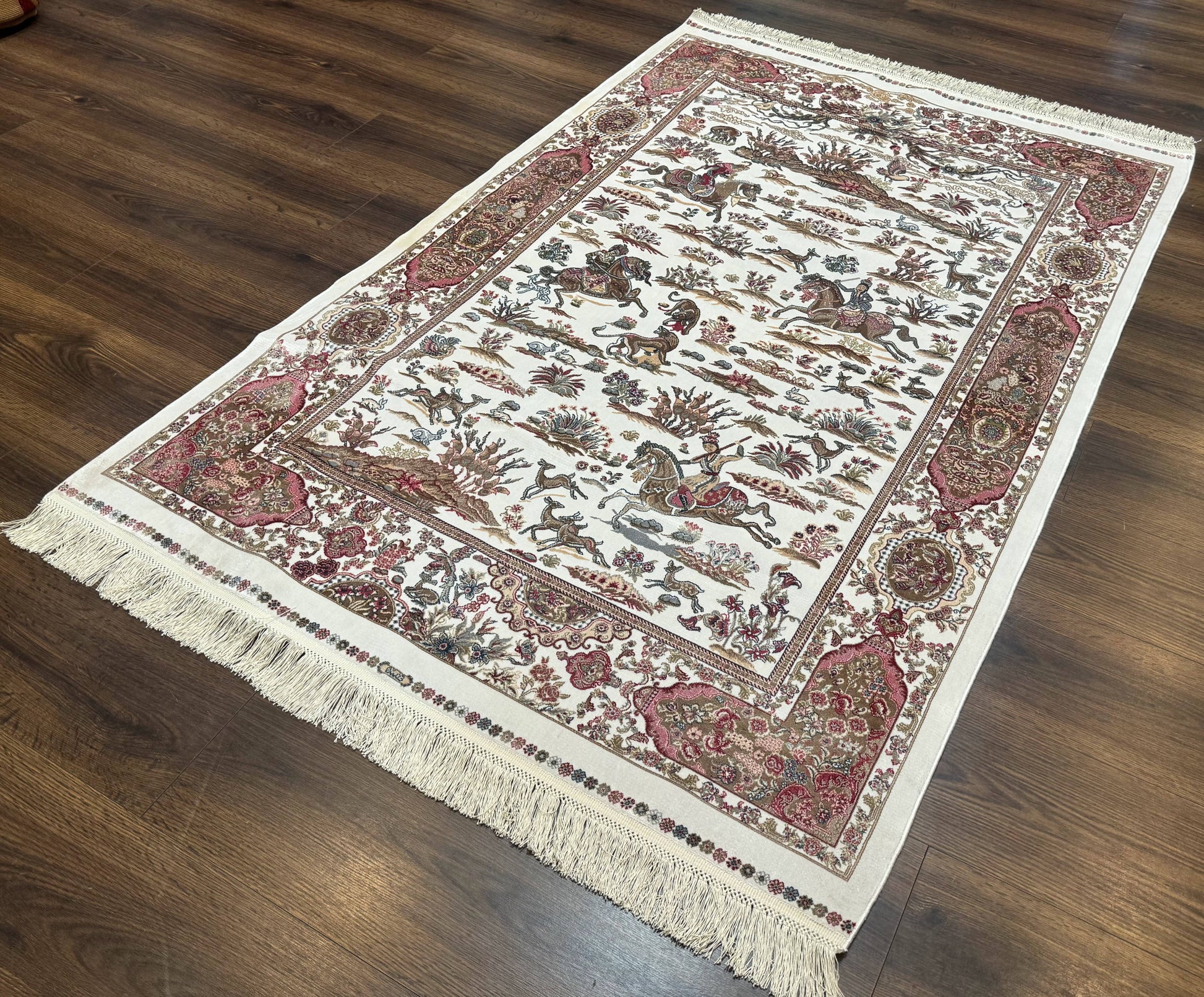 Turkish Silk Hunting Scene Rug 4x6, Ivory, Bamboo Silk, New - Nuvé