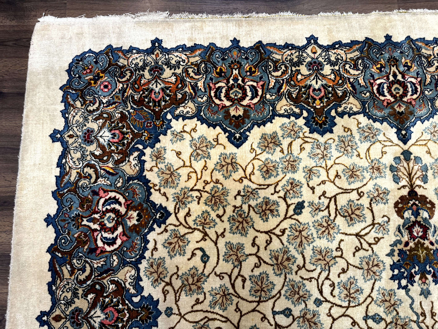 Persian Kashan Rug 9 x 12.6, Ivory and Blue, Floral Medallion, Wool Hand Knotted Semi Antique Carpet - Nuvé