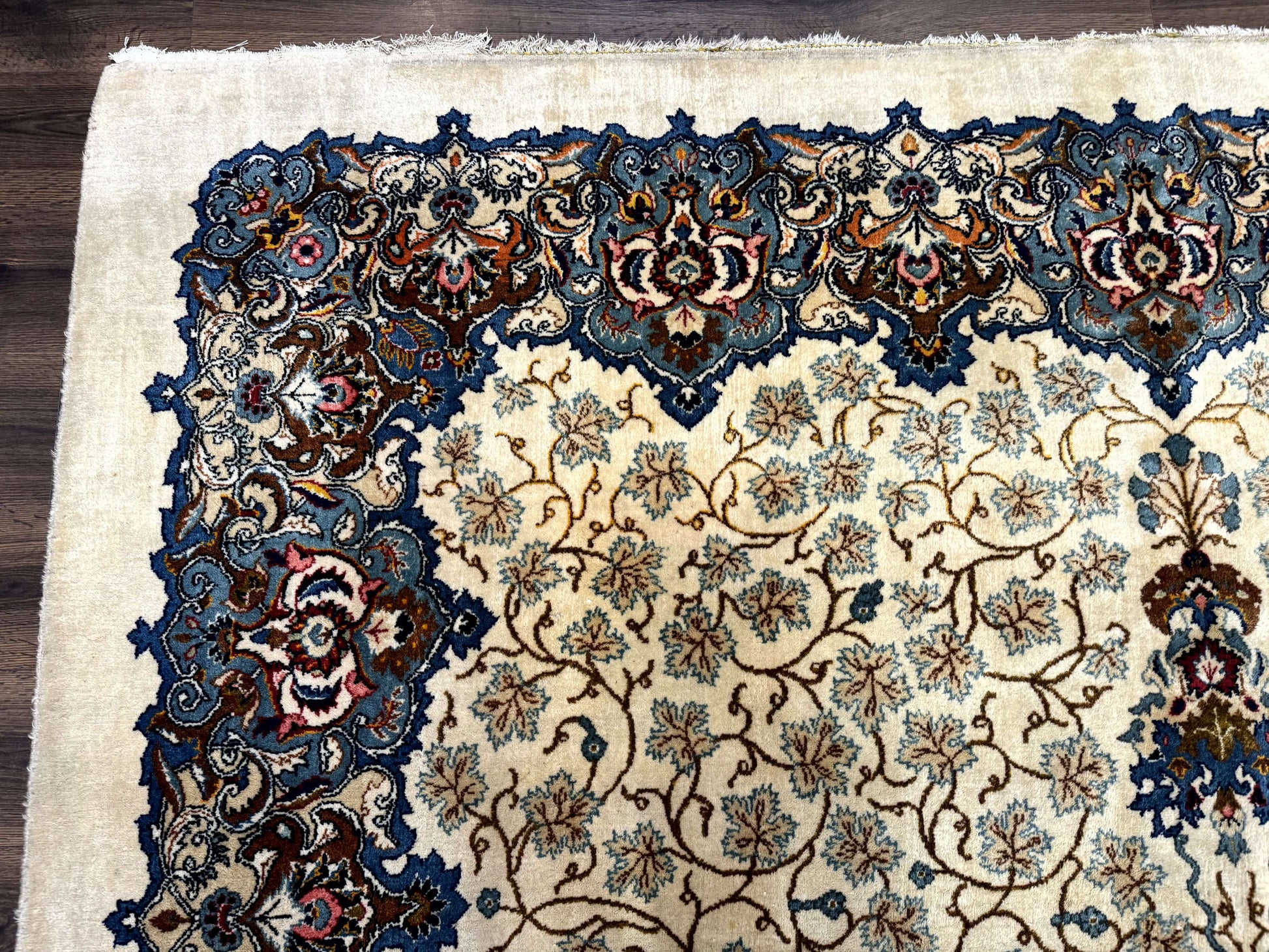 Persian Kashan Rug 9 x 12.6, Ivory and Blue, Floral Medallion, Wool Hand Knotted Semi Antique Carpet - Nuvé